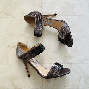 $695 Jimmy Choo Made in Italy Elaphe Degrade Sequins Open Toe Heels Sandals 7.5